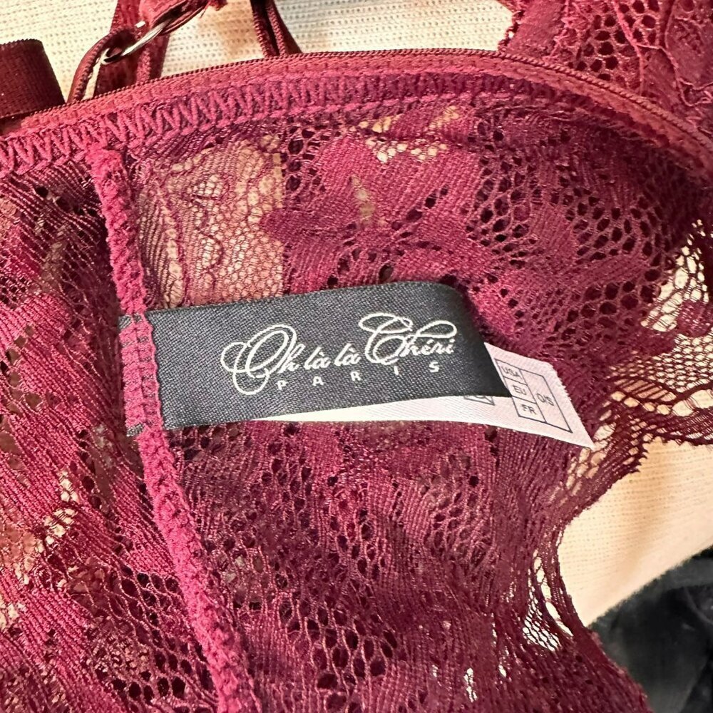 Oh La La Cherri Sexy Burgundy Lace Bralette,Panty & Garter Belt 3 Piece Lingerie - Picture 11 of 13